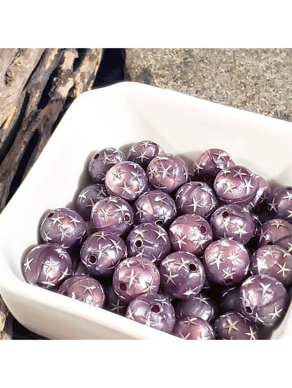 Vintage Retro Mauve Silver Stars 12mm Round Acrylic Shabby Chic Beads 10 pcs